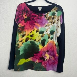 Chico's Blouse Top Womens 2 Multicolor Floral Woven Stretch Boat Neck Casual‎